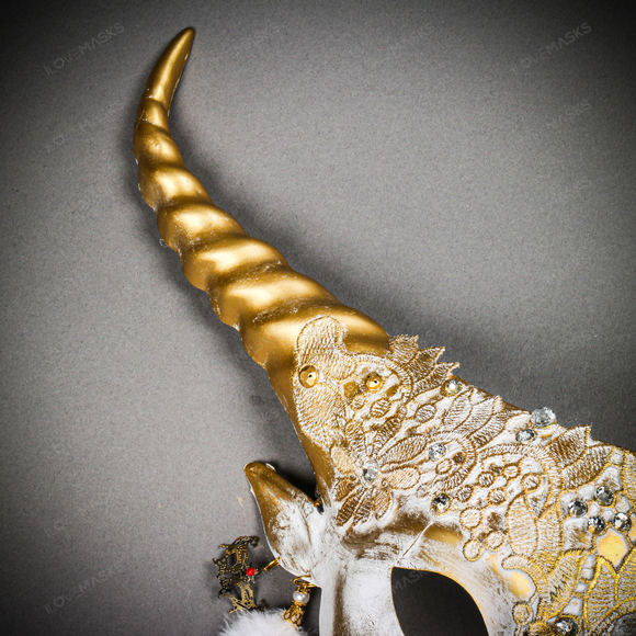 Krampus Gold Horn Lace  Animal Devil Women Mask - White - Picture 8 of 10